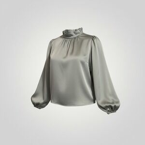 Line & Dot Hunnie Satin Mock Neck Ruffle Blouse Small Sage Green Minimalist Boho